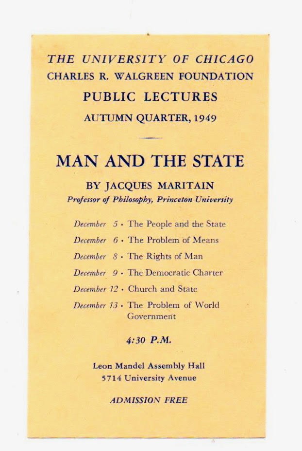 Affiche des conférences données par Maritain (Walgreen Lectures, Chicago, 1949)