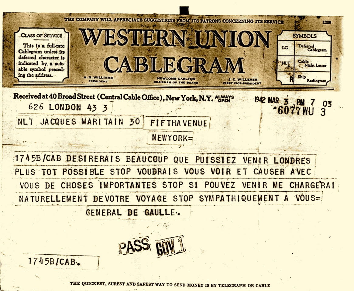 Télégramme de Charles de Gaulle, Londres, 3 mars 1942